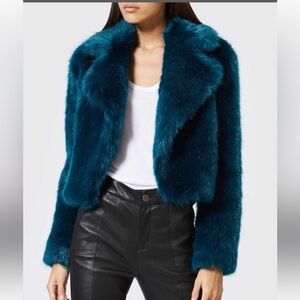 Michael Kors luxurious faux fur cropped jacket in a teal color